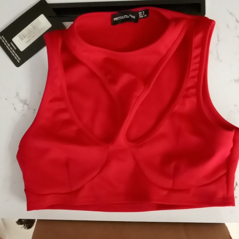 Prettylittlething red scuba cut out multi-strap crop top
